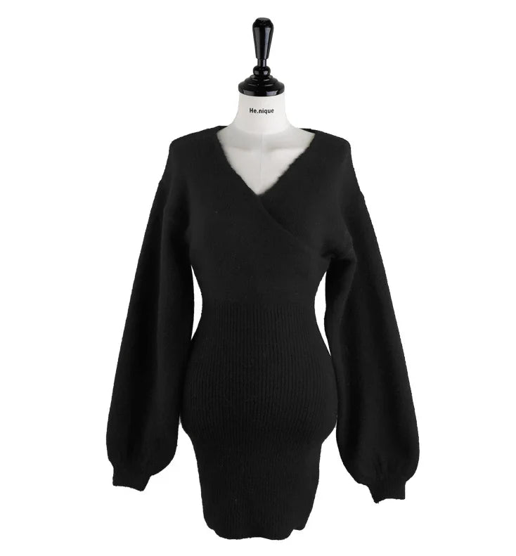 Cross V Neck Knitted Sweater Dress Wrap Style Short Fit