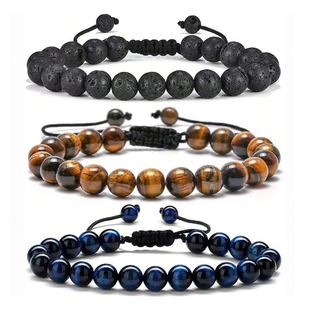 Natural Tiger Eye Lava Rock Beaded Bracelet Set for Men - Handmade Protection Gift