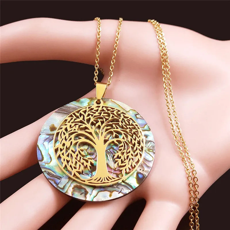 Tree of Life Abalone Shell Necklace Gold Color Stainless Steel Boho Jewelry for Weddings and Special Occasions