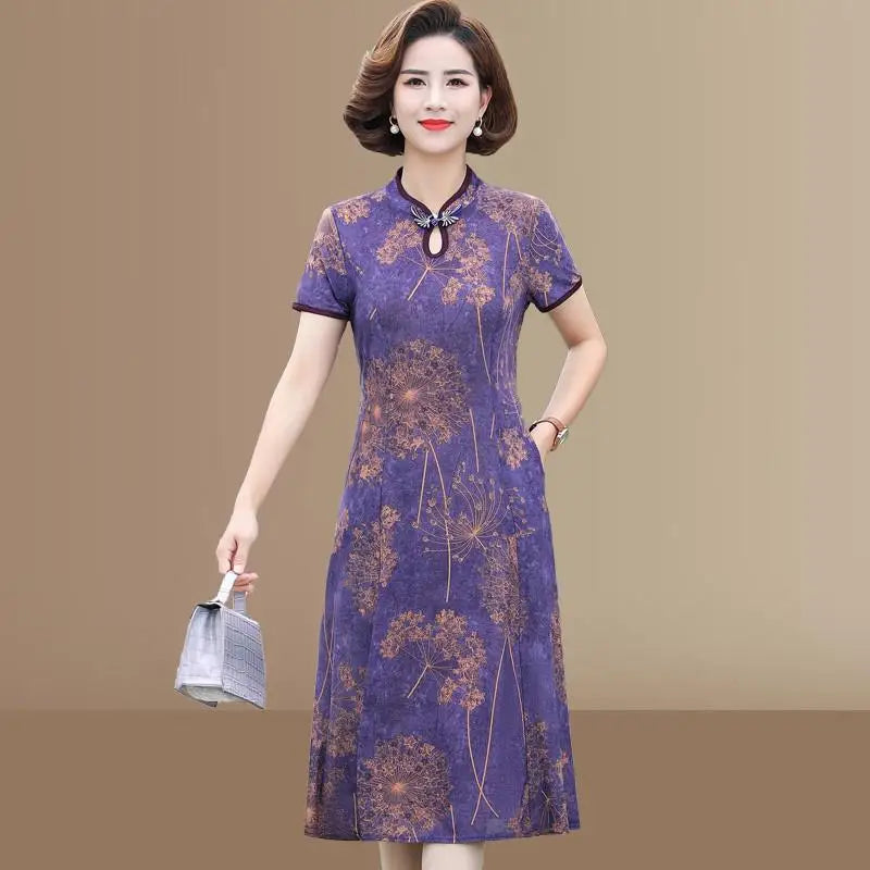 Floral A-Line Summer Dress For Women Short Sleeve Elegant