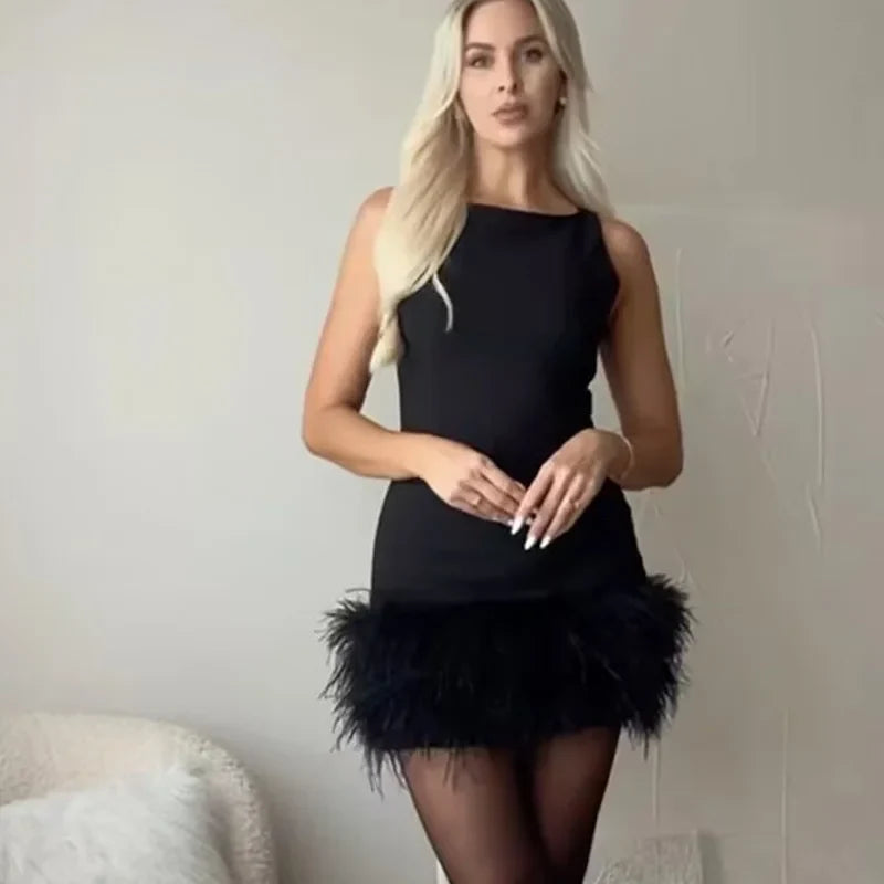 Black Feathered Bodycon Dress For Women Sleeveless Mini