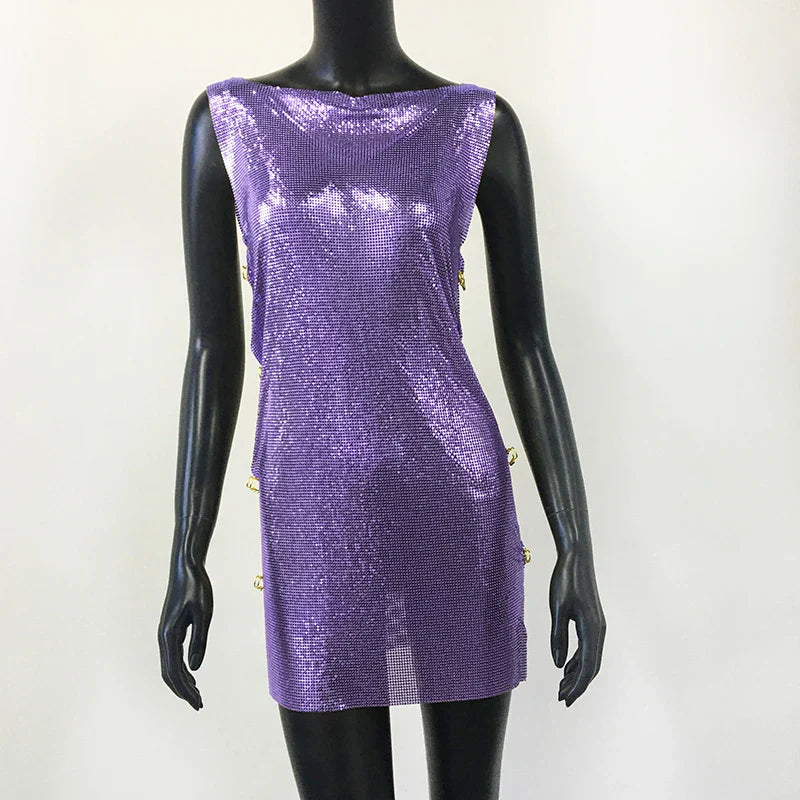 Y2K Metallic Sequins Mini Dress For Women Backless Clubwear