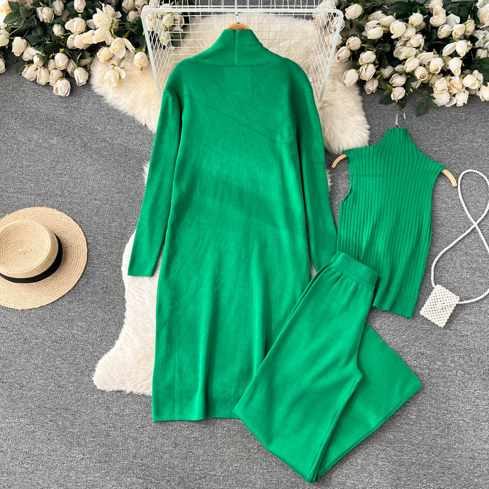 3 Piece Knitted Tracksuit Set for Women Comfy Loungewear with Long Cardigan Coat Turtleneck Vest and Pants