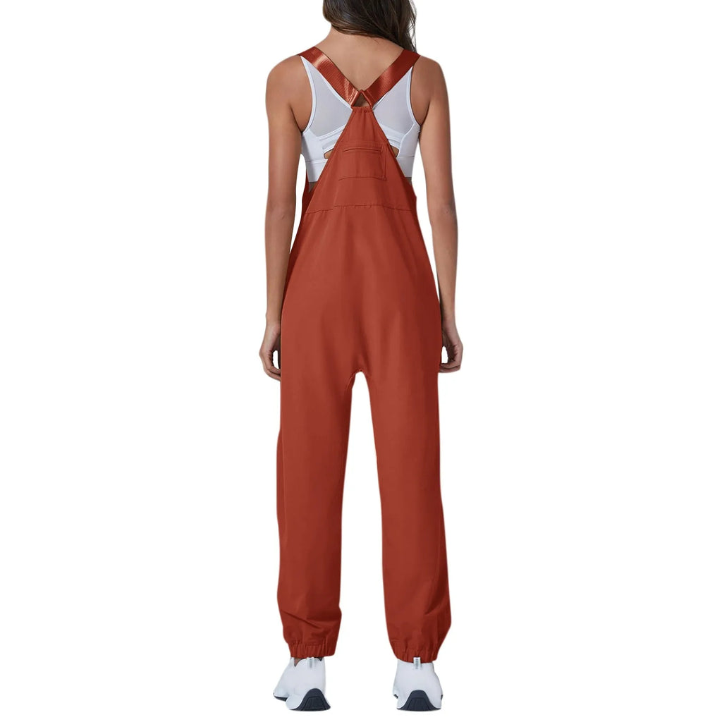 Women's Summer Casual Loose Wide Leg Jumpsuit with Adjustable Straps Pockets and Retro Button Detail Solid Color Sleeveless Overalls