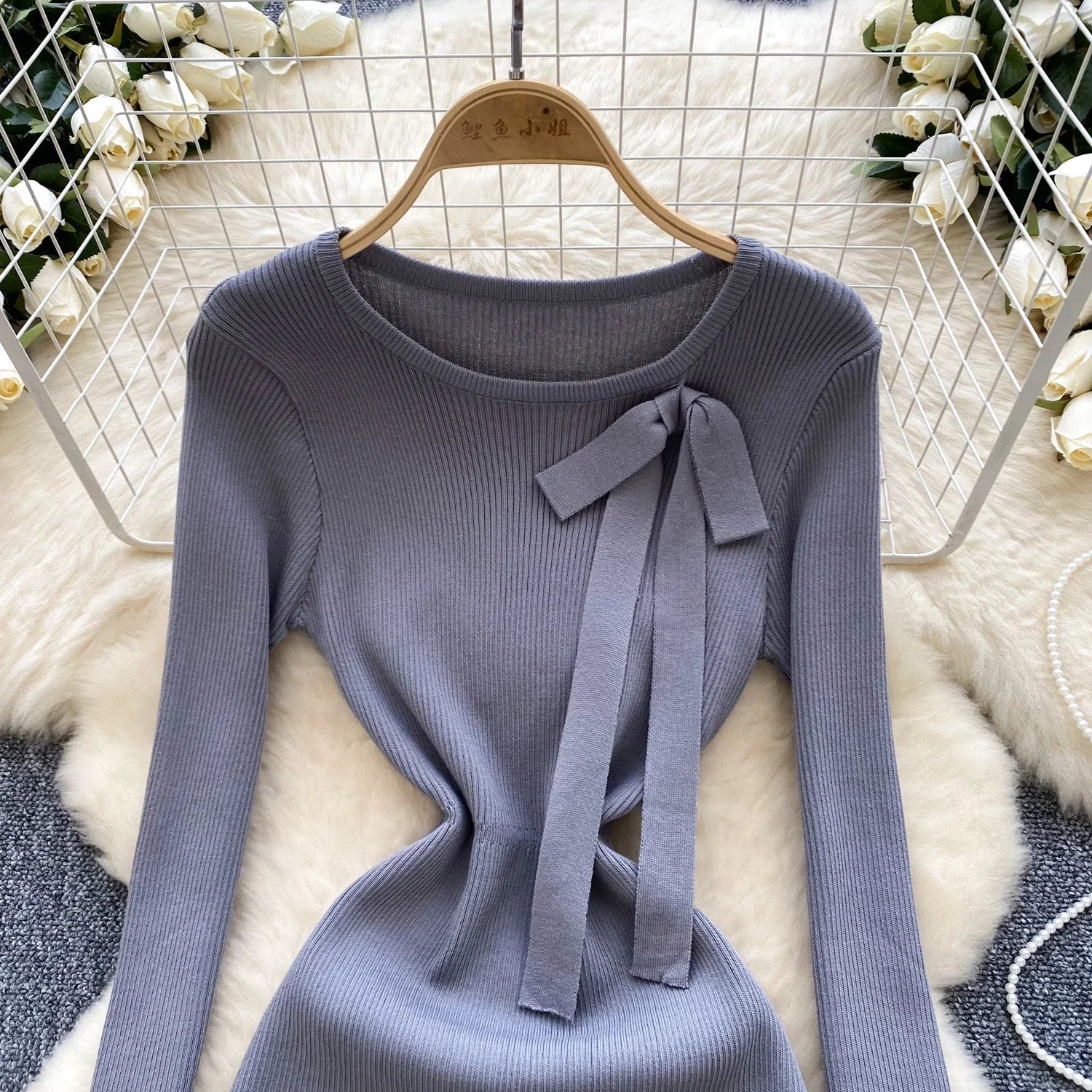 Knitted Short Dress With O Neck Bow Bodycon Chic Style