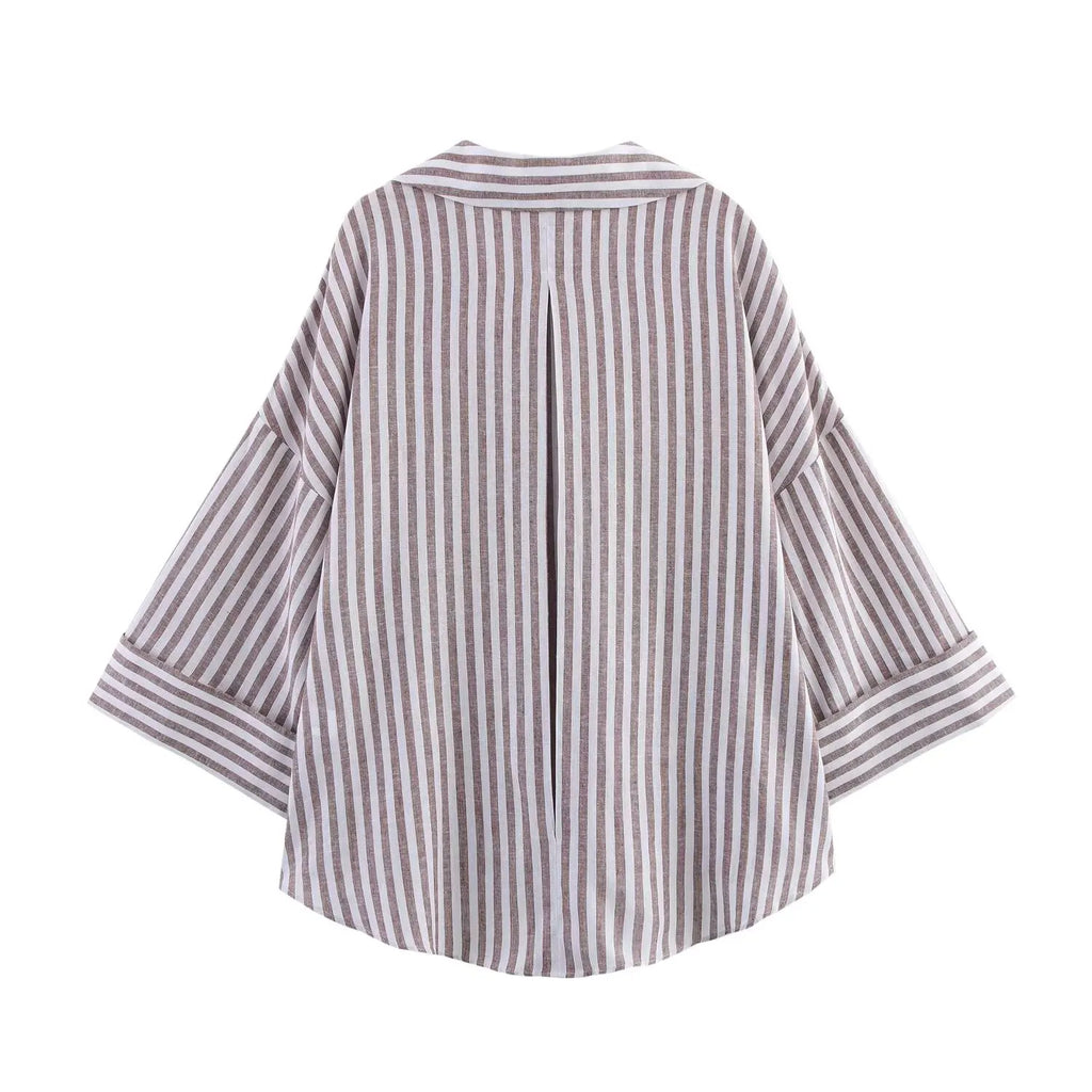 Women's Collared Shirt with Wide Sleeves Simple Striped Single Breasted Stylish Spring Top