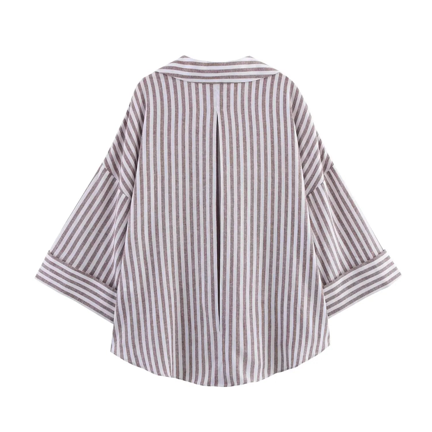 Women's Collared Shirt with Wide Sleeves Simple Striped Single Breasted Stylish Spring Top