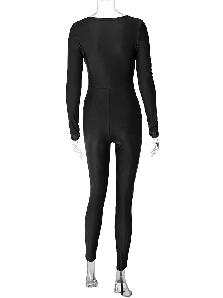 V Neck Long Sleeve Ruched Bodycon Skinny Jumpsuit Sexy Solid Color Party Romper Overalls Y2K Fashion Vacation Wear