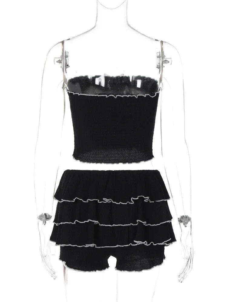 Sexy Matching Tube Top and Ruffled Skirt Set Women Summer Party Club Date Outfit Streetwear Y2K Style