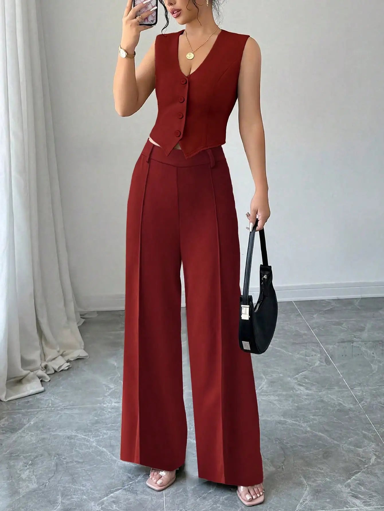 Women's Stylish Red Two Piece Set with Front Buckle Vest Jacket and Seam Front Pants for Date Night