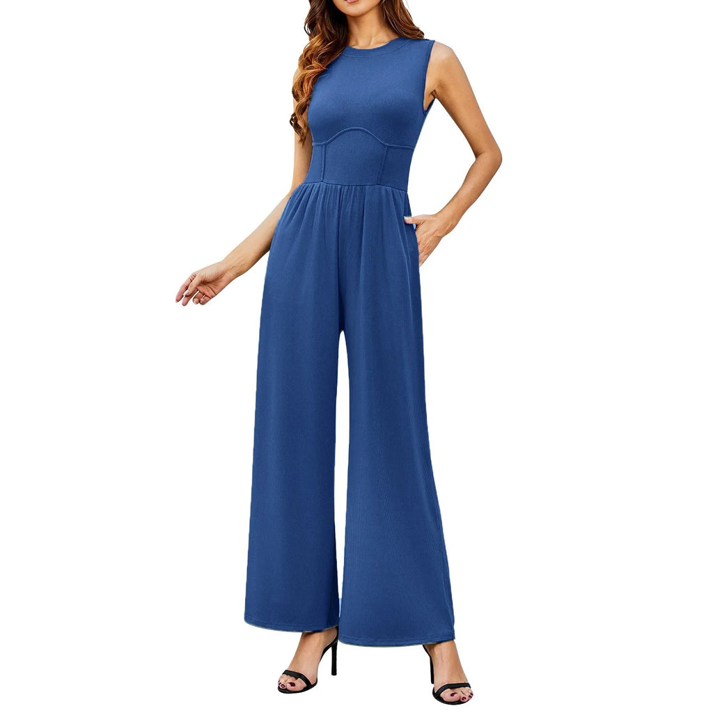 Women Sleeveless High Neck Ribbed Tank Top Jumpsuit Wide Leg Pants Romper with Tummy Control and High Waist Casual Summer Outfit