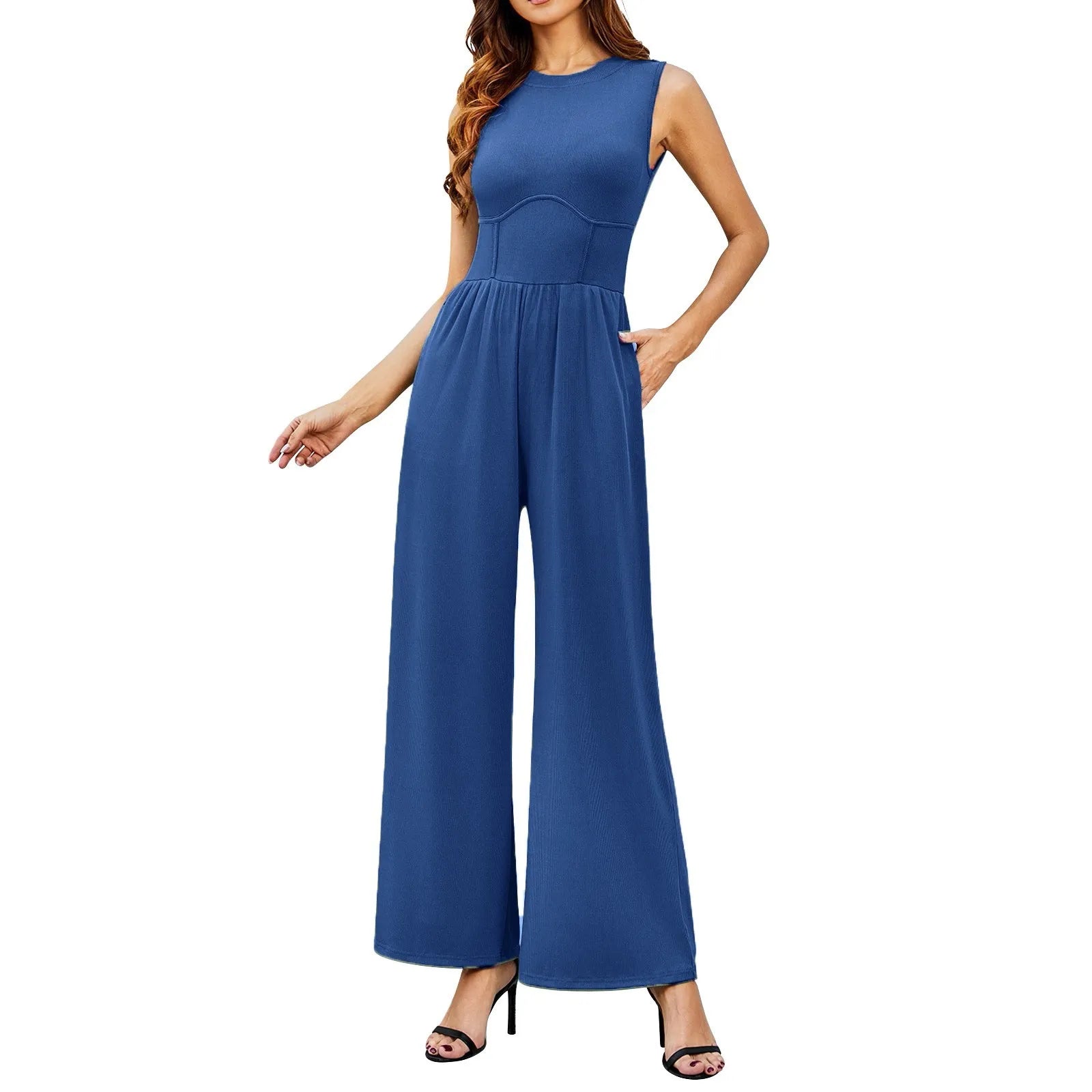 Women Sleeveless High Neck Ribbed Tank Top Jumpsuit Wide Leg Pants Romper with Tummy Control and High Waist Casual Summer Outfit