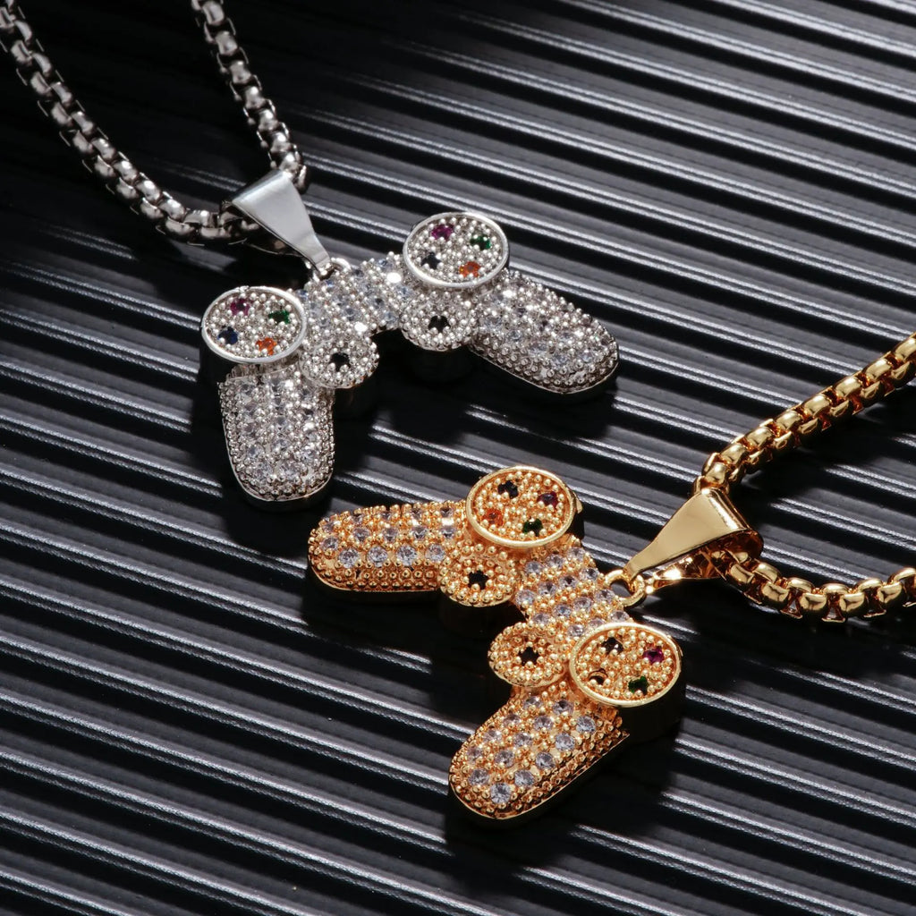Trendy Gamepad Lightning Stainless Steel Necklace for Women and Men in Gold Color with Crystal Embellishments