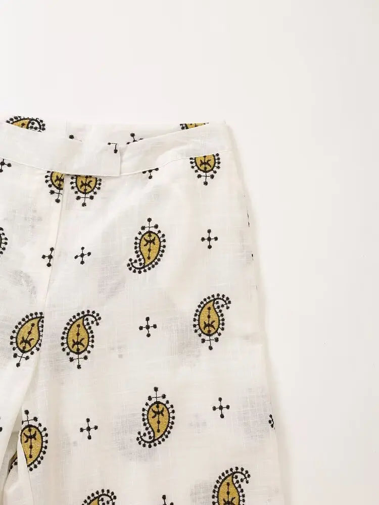 Vintage Women Embroidered Cardigan Coat and Wide Leg Trousers 2 Piece Outfit Set