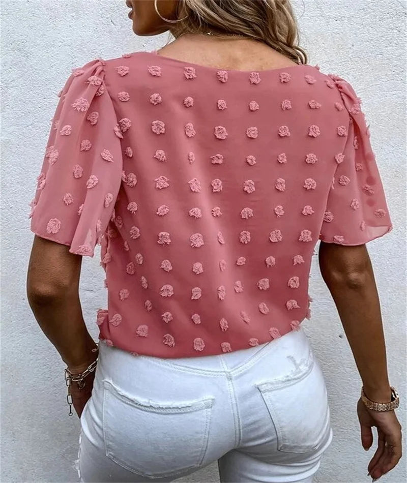 Casual Short Sleeved Woven Jacquard T-Shirt in Pure Color for Spring and Summer Fashion