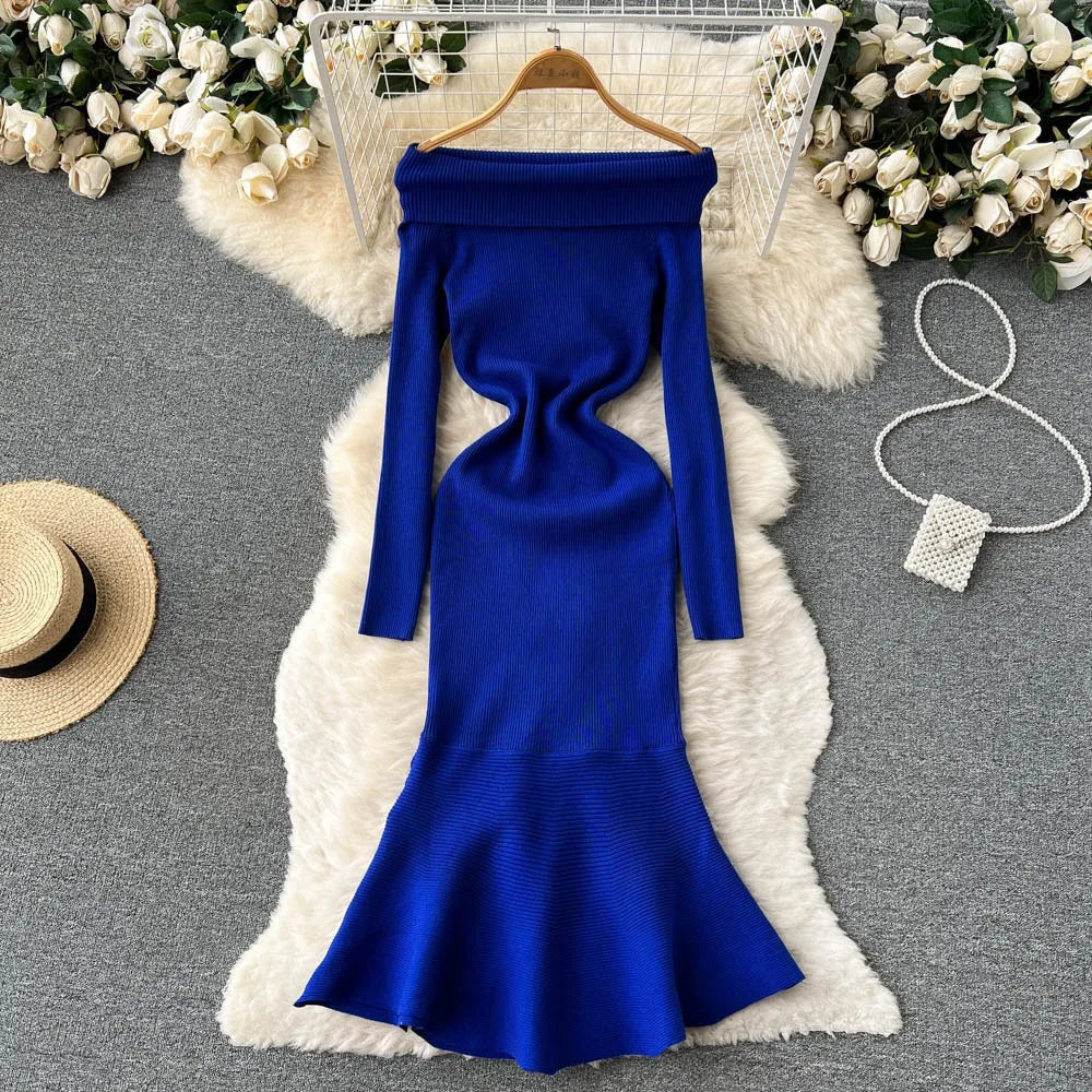 Elegant Knit Mermaid Dress Wrap Off Shoulder Long Sleeve
