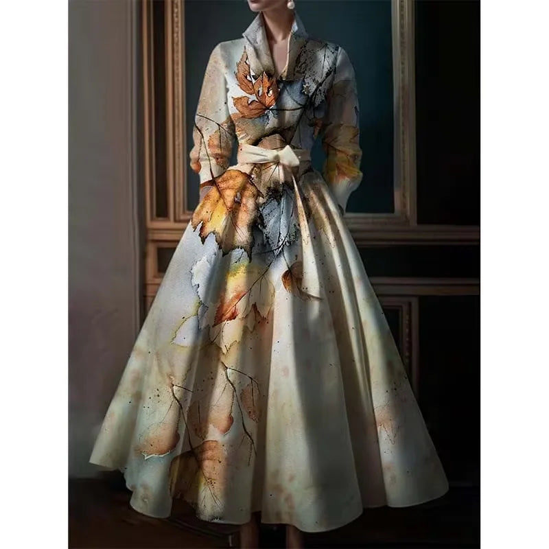 Elegant Maple Leaf Print Maxi Dress For Women Stand Collar