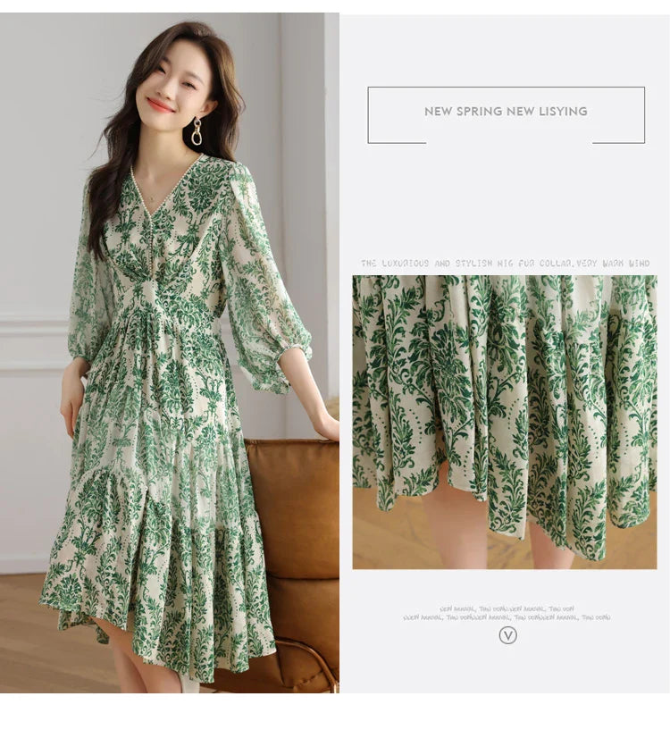 Floral Chiffon Dress For Women V Neck A Line Dress