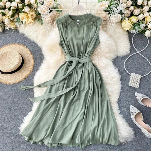 Sleeveless Summer Dress Solid Colors Green Blue Yellow Casual