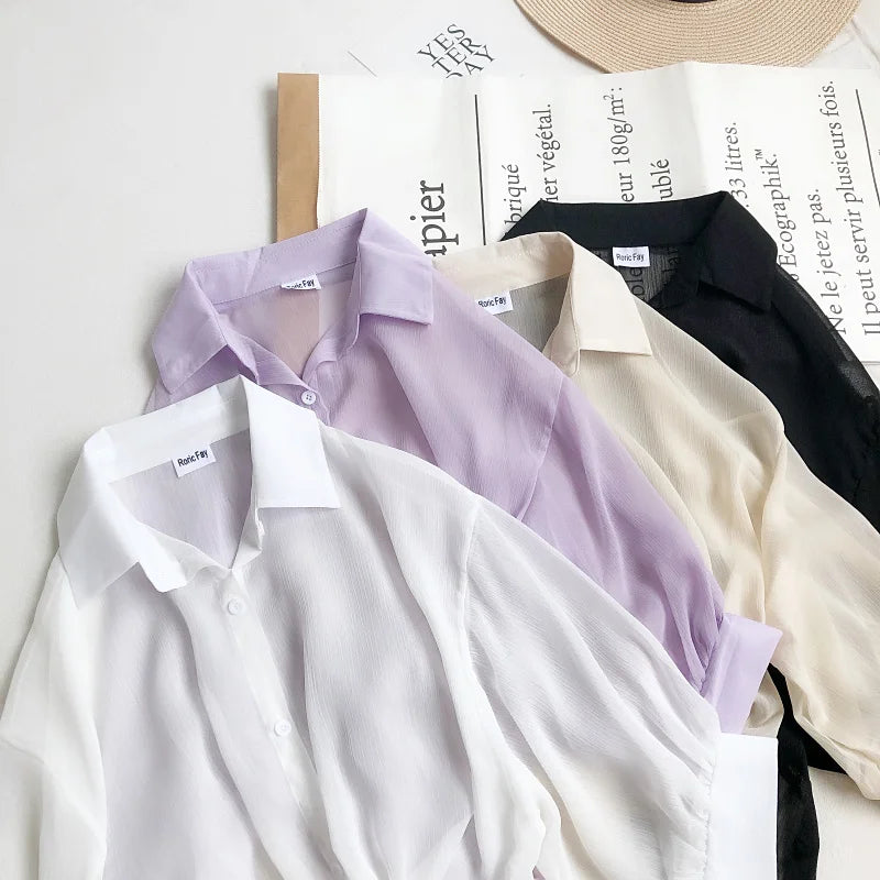 Women Buttoned Up Chiffon Blouse Tied Waist Crop Top Office Lady Shirt Thin and Lightweight