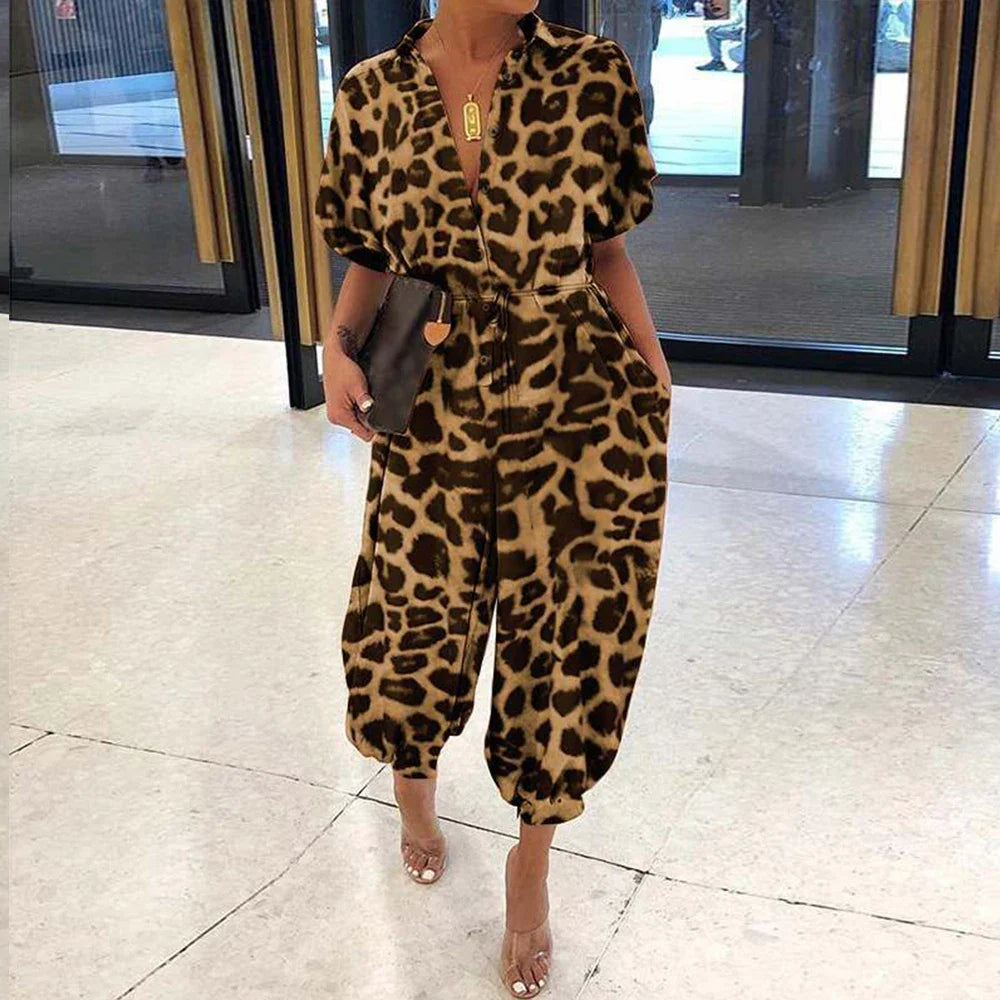 High Waist One Piece Short Sleeve Jumpsuit for Women Casual Summer Bodysuit with Long Pants and Lace-Up Closure Relaxed Fit Playsuit Trousers