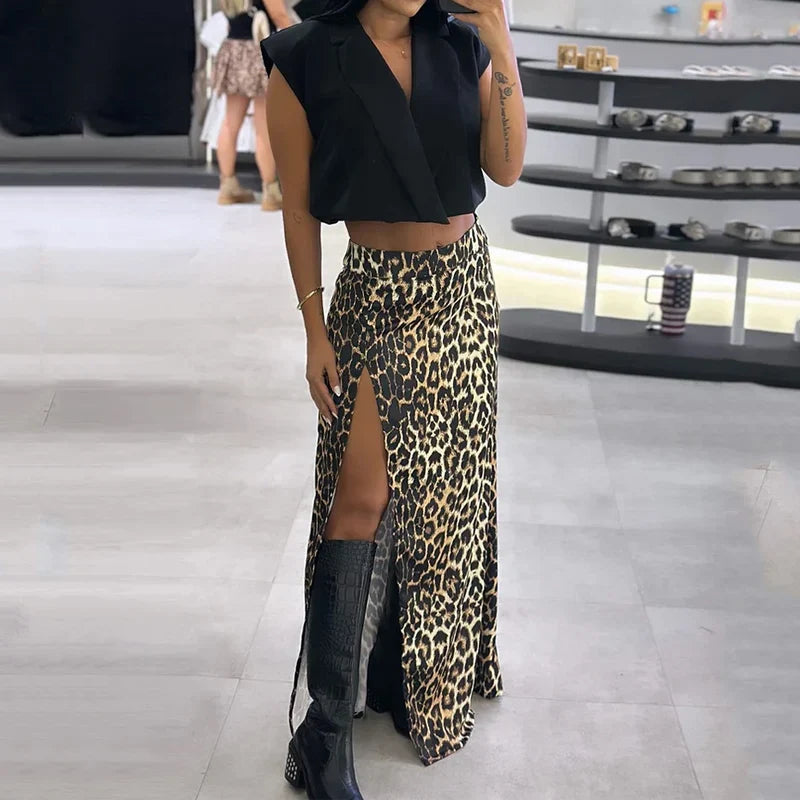 Women Two Piece Set Sleeveless V Neck Single Button Tank Top with A Line Slit Printed Long Skirt Elegant Summer Outfit