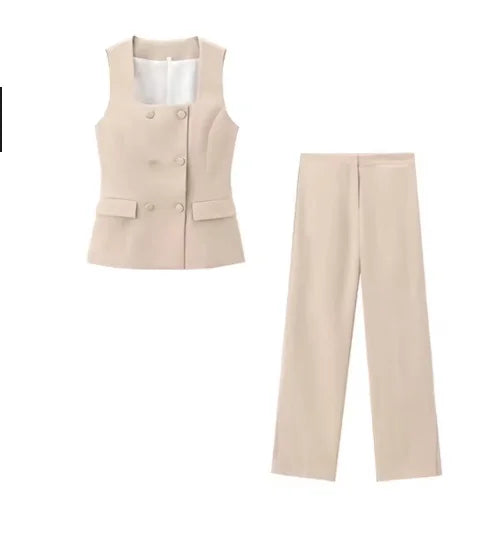 Women Two Piece Wide Leg Pant Set for Office Style with Vest Top and Split Straight Leg Pants