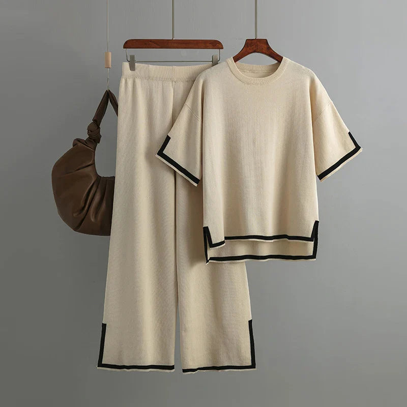 Casual Elegant Women's Two-Piece Autumn Winter Sportswear Set Featuring O-Neck Hoodie Short Sleeve Sweater and Wide Leg Long Pants