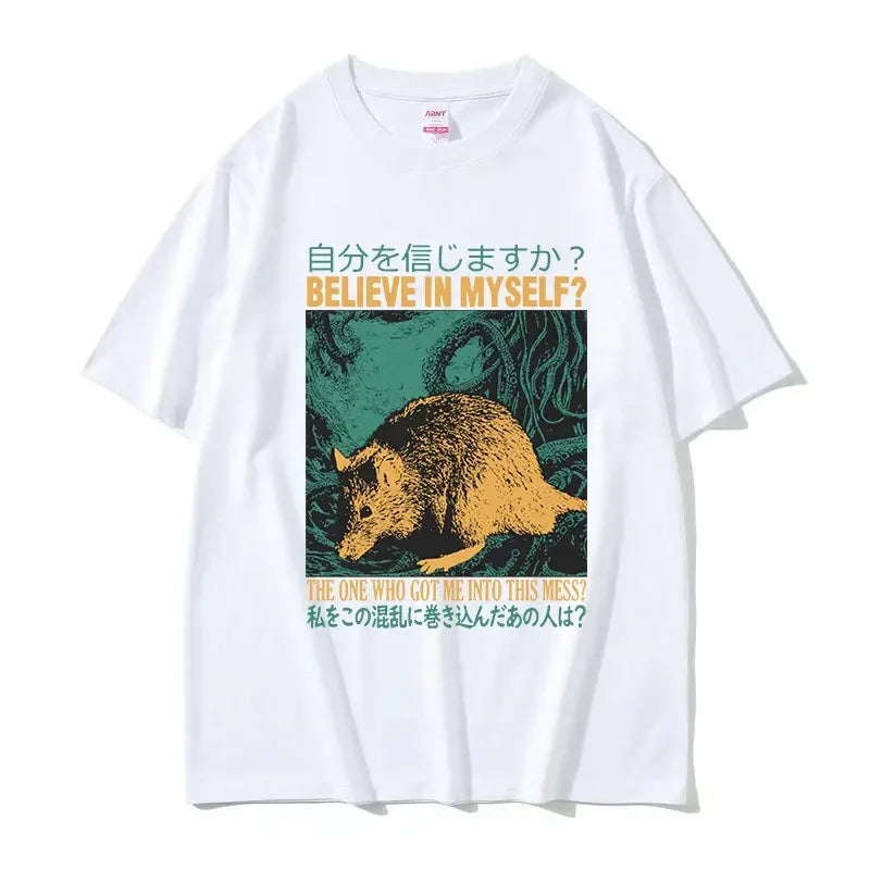 Believe in Myself Funny Graphic T Shirt with Retro Japanese Rat Print for Men and Women Oversized Fashion Tee