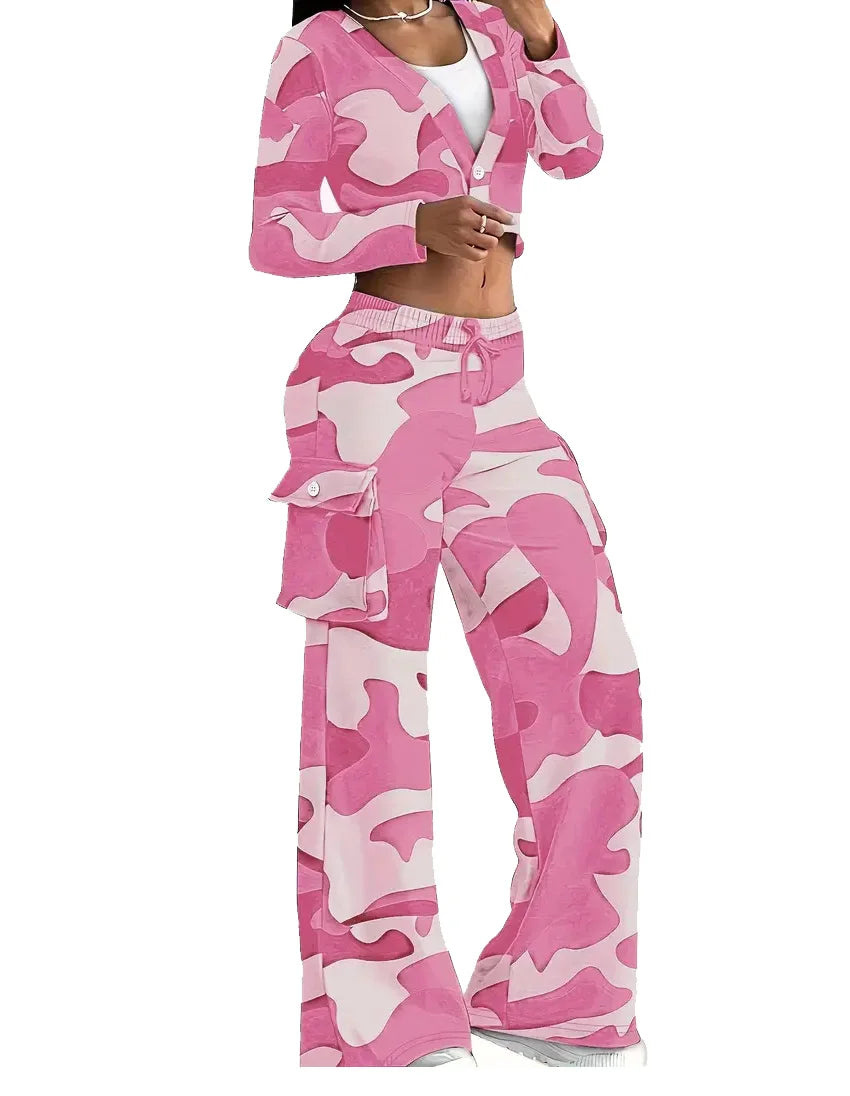 Camo Print Cargo Pants Set with Sexy Crop Top and High Waist Wide Leg Trousers for Women