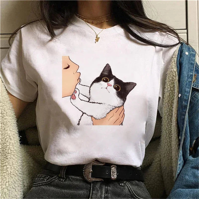 Summer Women Cute Cat Printed T-Shirt Casual Vintage Tee Top
