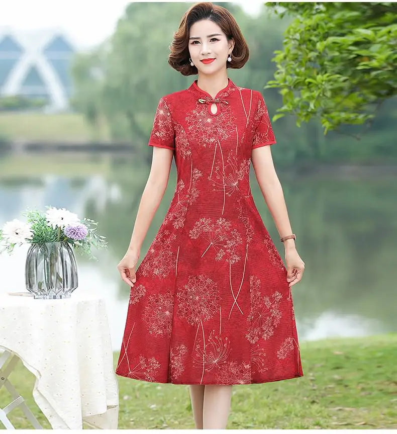 Floral A-Line Summer Dress For Women Short Sleeve Elegant