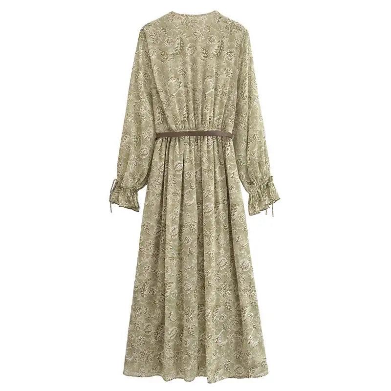 Chiffon Print V Neck Dress For Women Elegant Long Evening