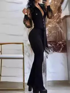 Elegant Autumn Jumpsuit for Women with Tied Detail Turn-Down Collar Long Sleeves Flared Pants Fashion One-Piece Overalls