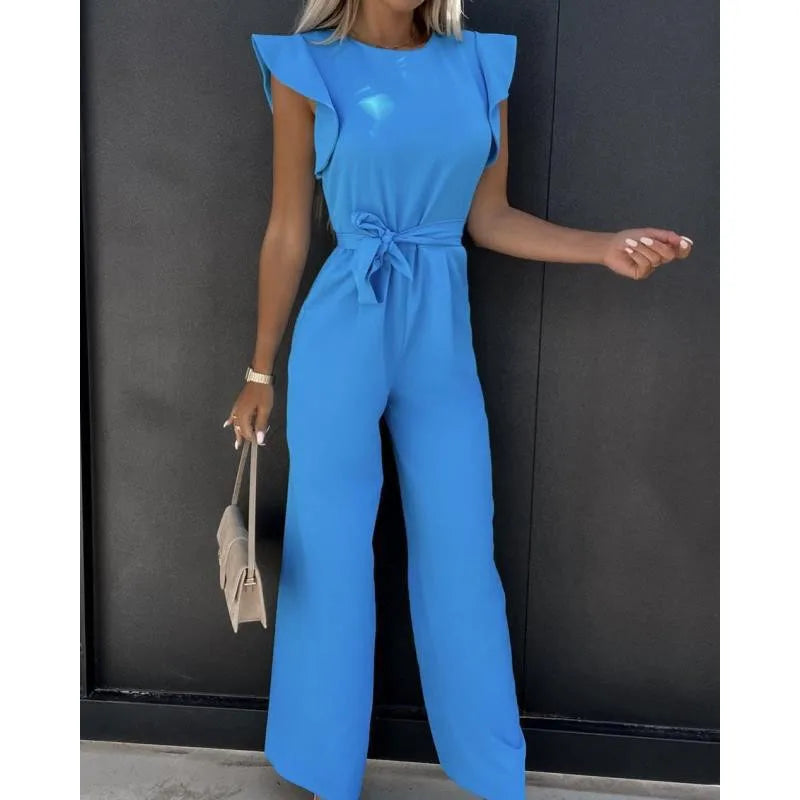 Elegant Lace Up High Waist Jumpsuit for Women with Straight Leg and Ruffle Edge Sleeves in Solid Color