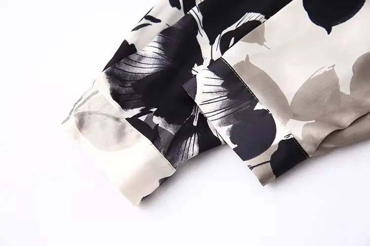 Women's Satin Textured Printed Shirt Long Sleeve Lapel Single-Breasted Slim Fit Casual Chic Top for Spring and Summer