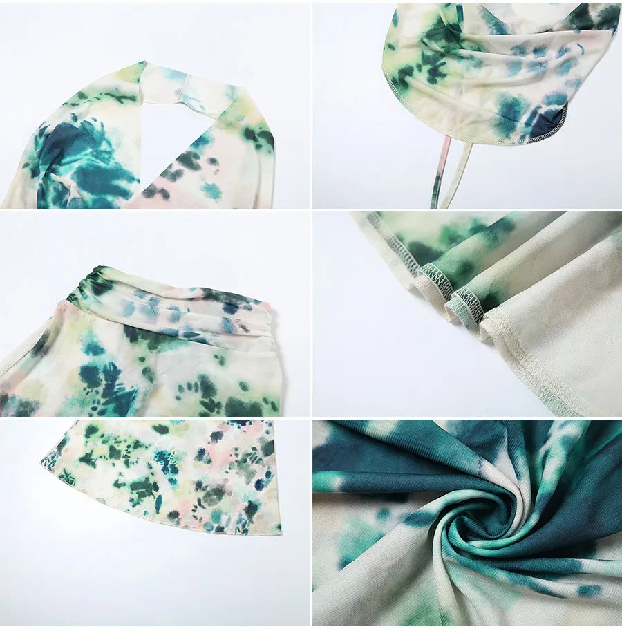 Backless Halter Bandage Tank Top and Mesh Ruffles Tie-Dye Skirt Two-Piece Summer Set for Women