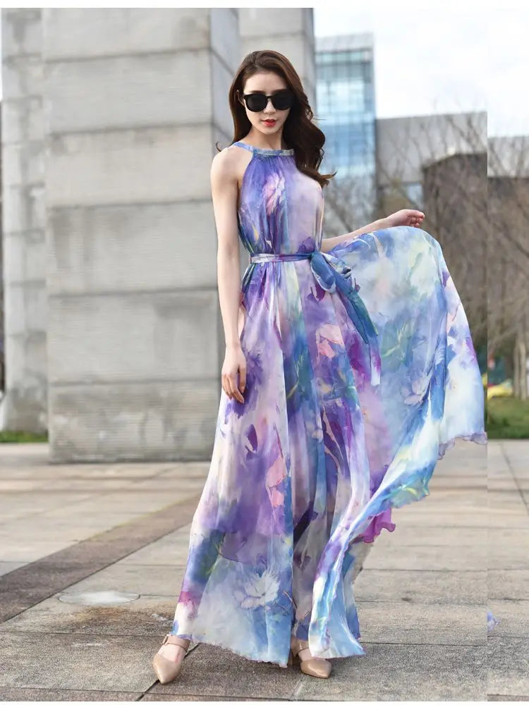 Floral Boho Backless Maxi Dress Women Beach Sundress
