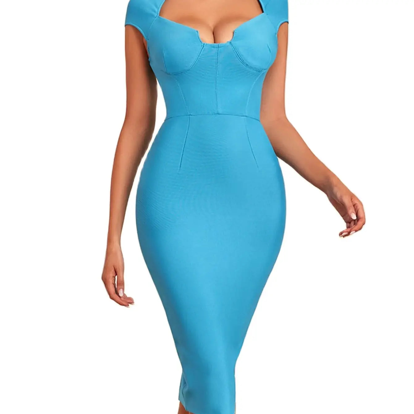 Diamond Neck Cap Sleeve Midi Bandage Bodycon Dress Chic