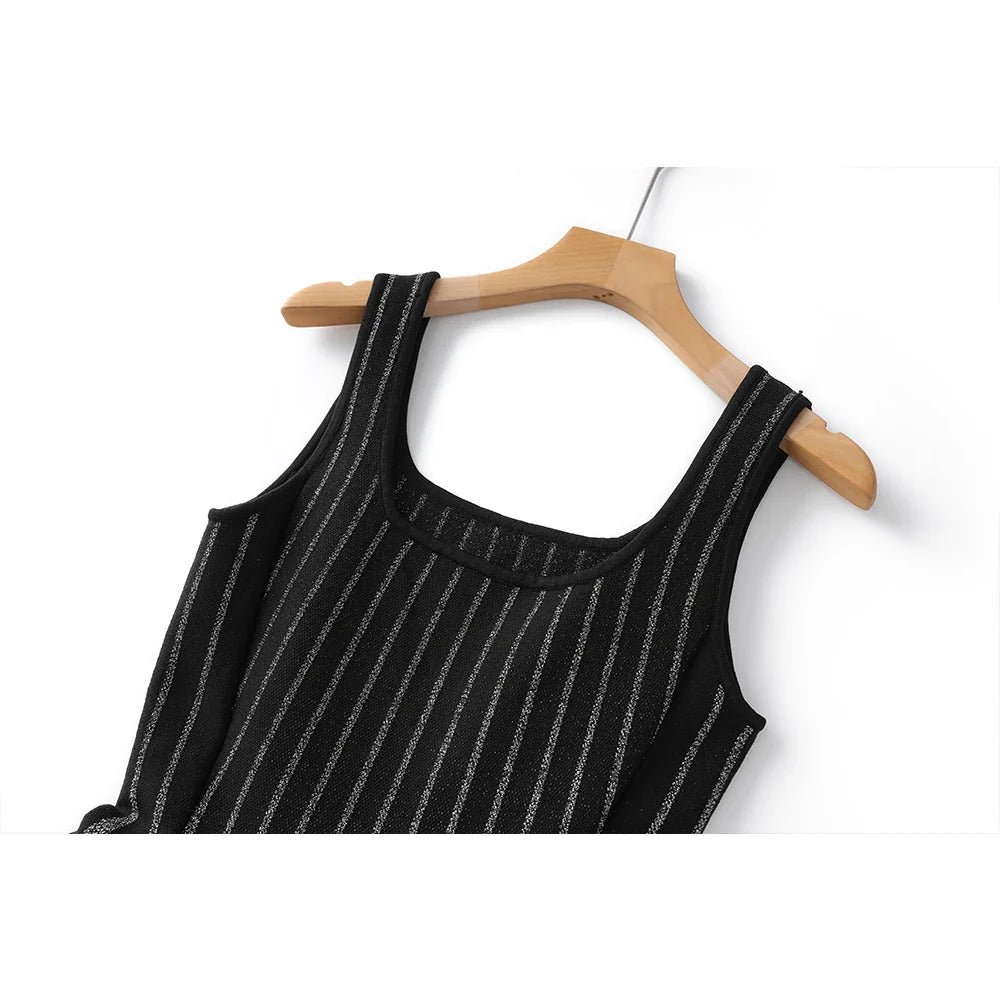 Silver Silk Waist Slimming Strap Dress Knit Short Skirt