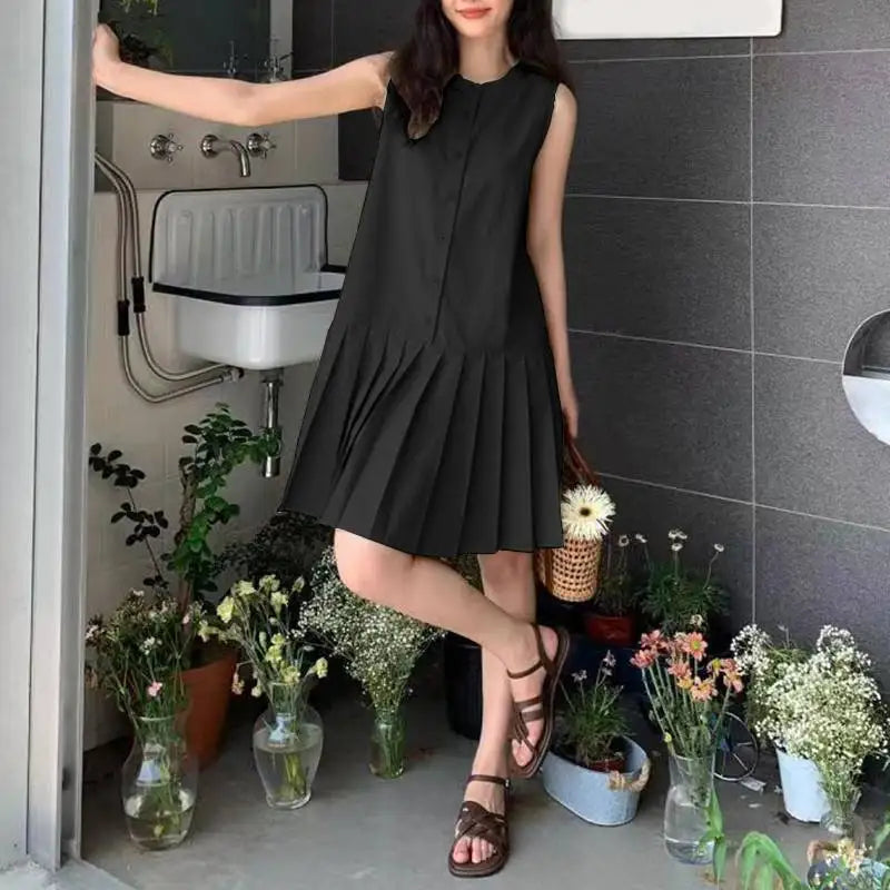 Pleated Button Mini Dress With Tank Sleeveless O Neck