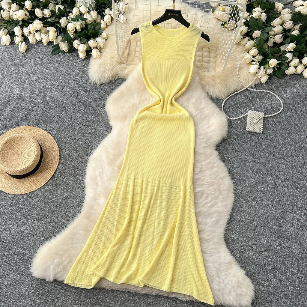 Hollow Out Knitted Dress Sleeveless O Neck A Line Midi