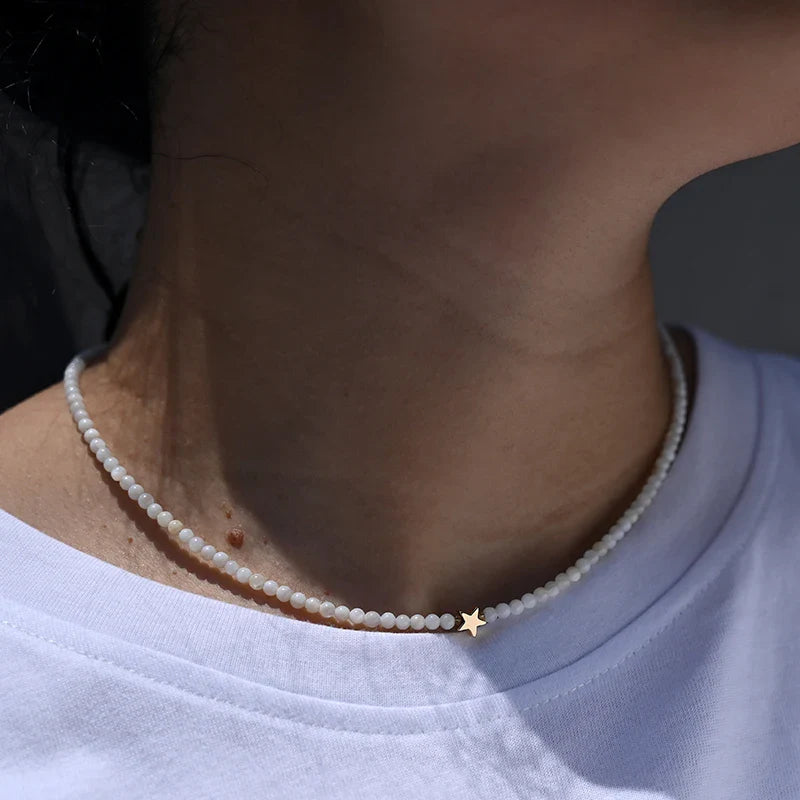 Natural Shell Beads Heart Choker Necklace for Women with Stainless Steel and Copper Star