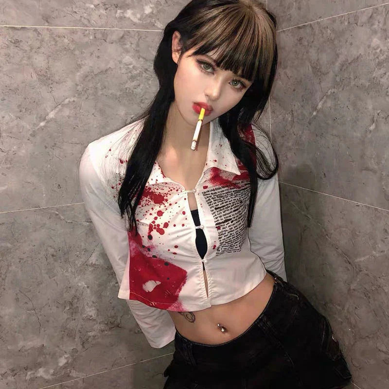 Y2K Slim Fit Long Sleeve Printed Crop Top for Women Stylish Button Front Short Blouse Party Shirt