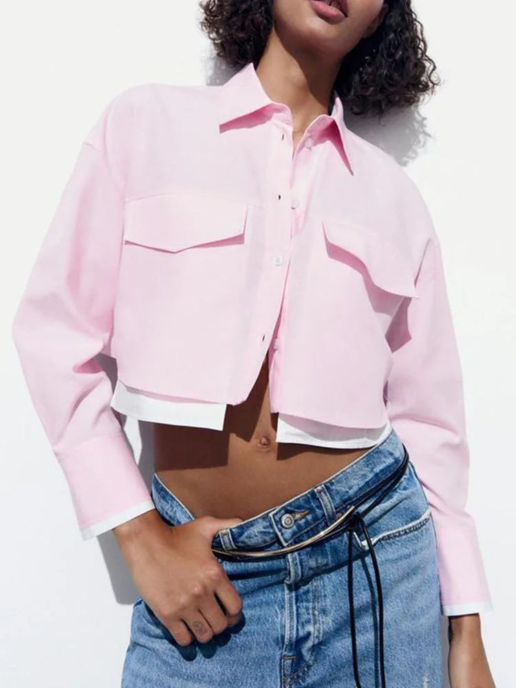 Women's Pink Patchwork Cropped Shirt Long Sleeve Button-Up Blouse Trendy Streetwear Top for Ladies