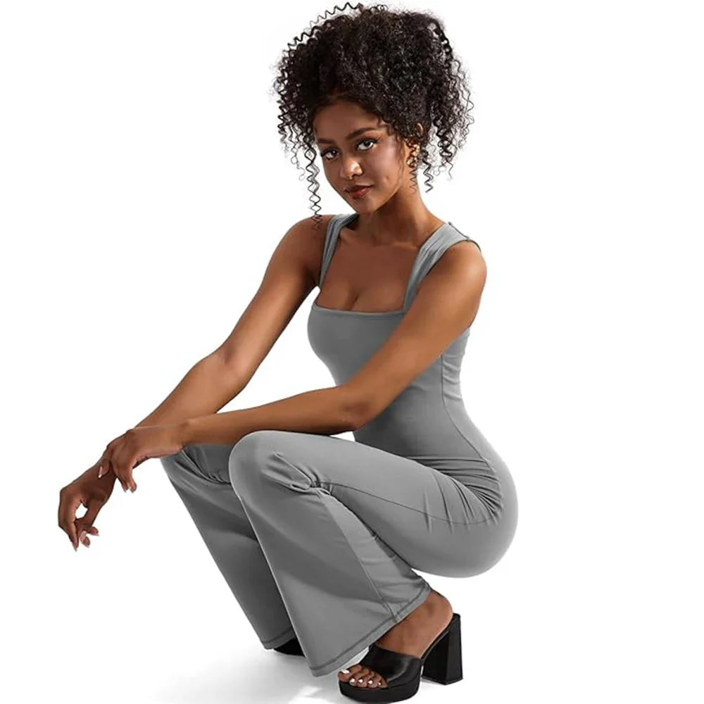 Women's Sleeveless Square Neck Bodysuit with Flared Pants Casual Fitness Jumpsuit Full Season Streetwear Playsuit