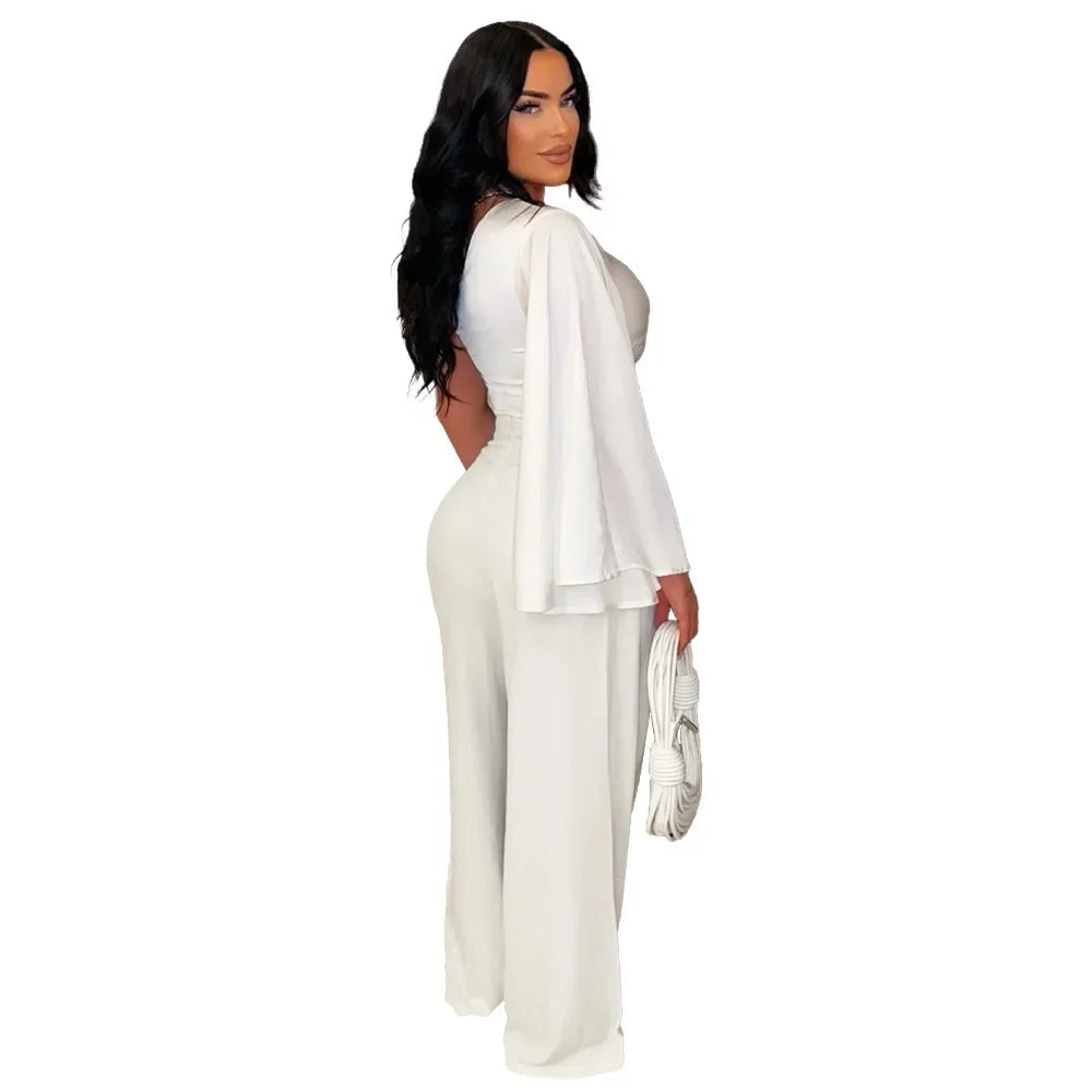 Women's Ruched One Shoulder Sleeve Crop Top and Wide Leg Pants Two Piece Set Outfit