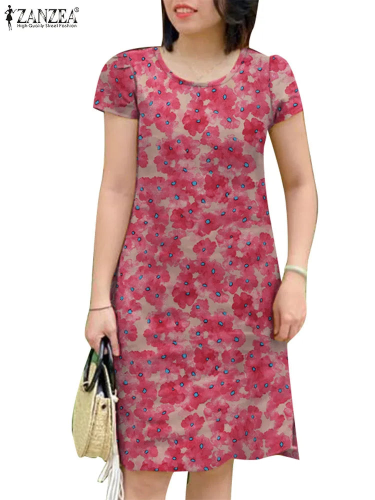 Floral Boho Knee Length Dress With Short Sleeves Blue