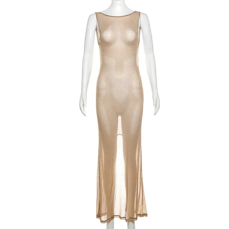 See Through Beach Maxi Dress Sleeveless Backless Bodycon