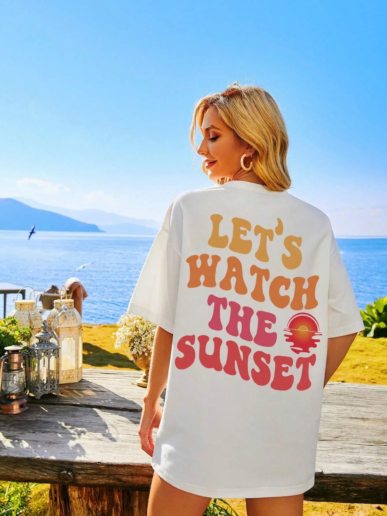 Let Us Watch The Sunset Print Women Cotton T-Shirt Casual Short Sleeve O-Neck Top for Daily Wear